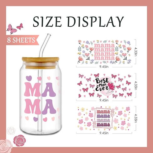 Afritee UV DTF Cup Wraps - 8 أوراق هدية عيد ميلاد ماما الوردي ، فرك فراشة زهرة لطيف على الأشعة فوق البنفسجية DTF 16 20 أوقية زجاجات قهوة زجاجية لأفضل أمي على الإطلاق عيد ميلاد إبداعي هدايا in Kuwait
