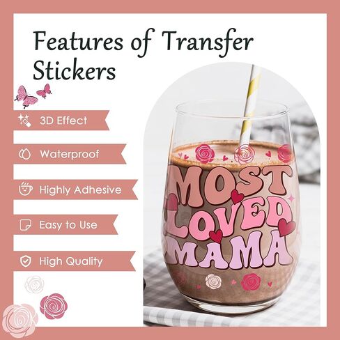 Afritee UV DTF Cup Wraps - 8 أوراق هدية عيد ميلاد ماما الوردي ، فرك فراشة زهرة لطيف على الأشعة فوق البنفسجية DTF 16 20 أوقية زجاجات قهوة زجاجية لأفضل أمي على الإطلاق عيد ميلاد إبداعي هدايا in Kuwait