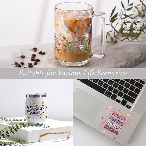 Afritee UV DTF Cup Wraps - 8 أوراق هدية عيد ميلاد ماما الوردي ، فرك فراشة زهرة لطيف على الأشعة فوق البنفسجية DTF 16 20 أوقية زجاجات قهوة زجاجية لأفضل أمي على الإطلاق عيد ميلاد إبداعي هدايا in Kuwait