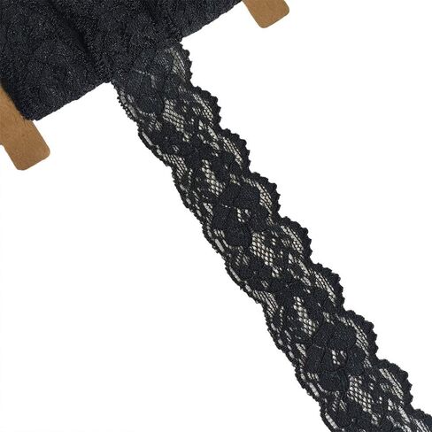 Lace Realm 1.5 inch Wide Black Stretch Floral Pattern Lace Ribbon Trim for Sewing, Gift Package Wrapping, Floral Designing & Crafts-10 Yards (3601 Black) in Saudi Arabia