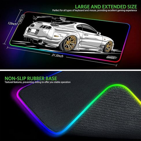 RGB Gaming Mouse Pad ممتدة ، قاعدة كبيرة من مصابيح Mousepads غير قابلة للانزلاق مع 19 أوضاع إضاءة ، لوحة مفاتيح كمبيوتر حصيرة مقاوم للماء لذيذة 31.5 × 11.8 بوصة ، Supra JDM Car Mousepad in Kuwait