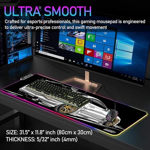 RGB Gaming Mouse Pad ممتدة ، قاعدة كبيرة من مصابيح Mousepads غير قابلة للانزلاق مع 19 أوضاع إضاءة ، لوحة مفاتيح كمبيوتر حصيرة مقاوم للماء لذيذة 31.5 × 11.8 بوصة ، Supra JDM Car Mousepad in Kuwait