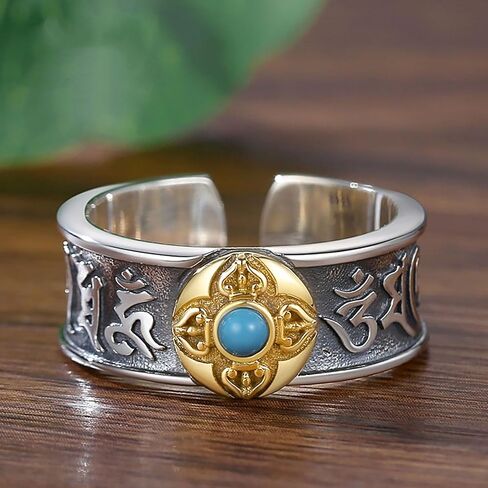 Feng Shui Coins Rings Mantra Turquoise Rings 925 Sterling Silver Amulet Anillo Feng Shui De La Buena Suerte Lucky Wealth Money Health Band Adjustable Ring for Men in Saudi Arabia