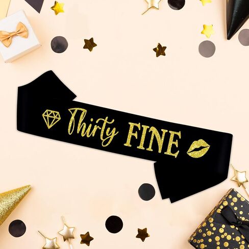 Thirty Fine Sash - هدايا عيد ميلاد الثلاثين للنساء - هتافات إلى 30 ديكور الحفلات - عيد ميلاد عمره ثلاثين عامًا مضحكة ساتان ناعمة (أسود مع حروف ذهبية) in Saudi Arabia