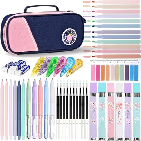46 Pcs Large Capacity Pencil Pouch with Aesthetic School Supplies, 12 Pastel Highlighters, 5 Black Ink Gel Pens, 6 Mechanical Pencils Set 0.5 & 0.7mm, Sticky Notes, Stationary Set for Student (Pink) in Kuwait