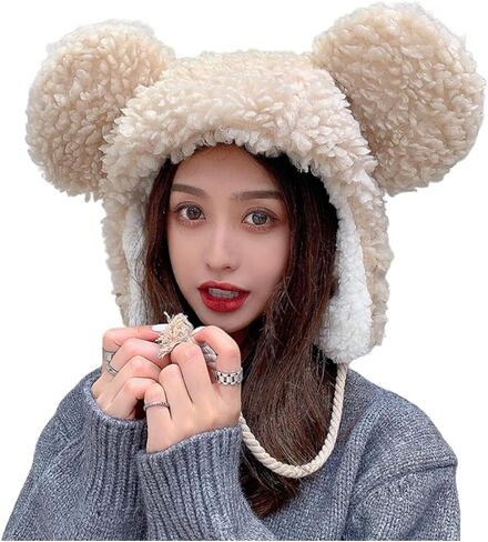 Cute Plush Faux Fur Animal Critter Hat Cap with Ear Flaps Fuzzy Bear Hat Soft Warm Winter Hat Beanie for Adults Women Girls in Kuwait