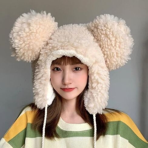 Cute Plush Faux Fur Animal Critter Hat Cap with Ear Flaps Fuzzy Bear Hat Soft Warm Winter Hat Beanie for Adults Women Girls in Kuwait