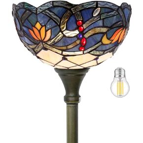 WERFACTORY Tiffany Floor Lamp Blue Lotus Flower Stained Glass Light 12X12X66 Inches Pole Torchiere Standing Corner Torch Uplight Decor Bedroom Living Room Home Office S220 Series