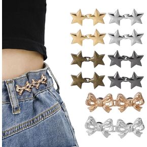8pcs Star Buttons Pins & 2pcs Bow Brooches, Pant Waist Tightener Adjustable Jean Buttons Reusable Metal Star Brooch for Loose Jeans No Sewing Pant Clips Clothing Accessories