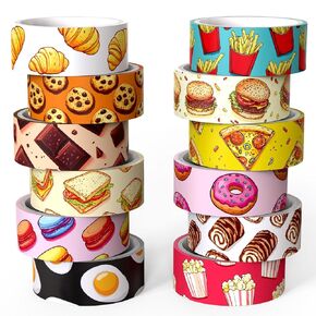12 Rolls Cute Food Themed Washi Tape Set, Cartoon Yummy Dessert Decorative Tape Macarons Colorful Masking Tape for Journaling Supplies, Junk Journal, Scrapbooking, DIY Arts & Crafts Supplies