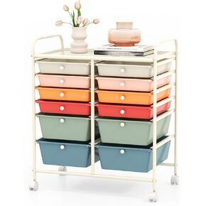 12 Drawer Rolling Storage Cart, Multipurpose Storage Organizer Cart with Lockable Casters, Mobile Utility Cart for Garage Office Home Kitchen (Gradient Pink), HW56500
