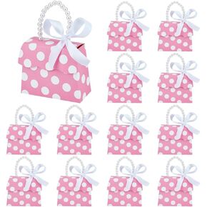 BENECREAT 16 Sets Pink Wedding Favors Box DIY Set, 7.7×5.3×2.3 inch White Polka Dot Kraft Paper Box with Pearl Handle, Ribbons, Stickers, Gift Boxes for Birthday, Party Favor