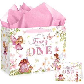 Fairy 1st Birthday Gift Bag Our Little Fairy is Turning One Gift Bag with Card and Tissue Paper My Fairy First Birthday Wrapping Paper Bag for Girls Newborn Baby Shower First Birthday Party Supplies