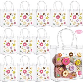 Saypacck 24 Pcs Donut Gift Bags Plastic Clear Gift Bags with Handles Donut Party Favor PVC Shopping Handbags Candy Themed Goodie Holder for Party Supplies Birthday Treat (5.9 x 7.9 x 2.8 Inches)