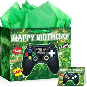 Game Theme Birthday Decoration Gift Bags Green Video Game Birthday Gift Wrapping Bags Gaming Birthday Favor Bags with Gamer Happy Birthday Tissue Paper and Greeting Card for Boys Girls Game Theme Birthday Christmas Party Decor