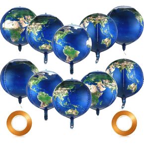 10 Pieces 22 Inch Earth Globe Balloons Sphere World Map Foil Balloons Planet 4D Round Globe Inflatables and 2 Rolls Ribbons for Birthday Space Theme Party Earth Day Decorations Teaching Supplies