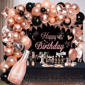 Winrayk Black Rose Gold Birthday Party Decorations for Women Girls, Rose Gold and Black Balloons Garland Arch Kit & Backdrop Tablecloth Champagne Star Love Foil Balloon, Rose Gold Birthday Decorations