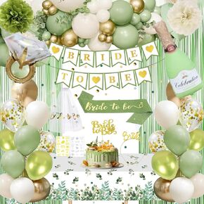 Sage Green Bridal Shower Decorations, Bride to Be Banner, Balloons, Sash, Tiara, Veil, Tattoo, Tablecloth, Rain Curtain, Foil Pompoms, Cake Topper, Ribbon, Glue, Balloon Chain