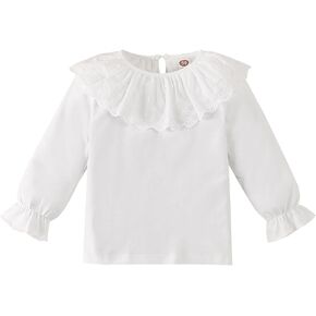 Kids Baby Girl Long Sleeve Collar Shirt Toddler White Blouse Puff Short Sleeve T-Shirt Solid Color Basic Top Bottom