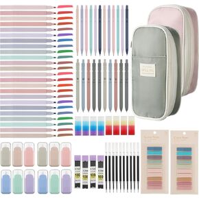 84 Pcs Aesthetic School Supplies 2 Large Cute Pen Cases,24 Pastel Highlighters,10 Black Ink Gel Pens,12 Mechanical Pencils with 0.5 and 0.7mm Pencil Leads for Students Stationary Essentials