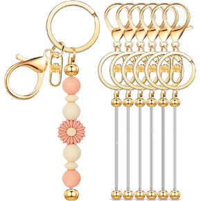 6 Pcs Beadable Keychain Bars Bulk for Beads DIY Blank Keychain Metal Beaded Keychain for Bead Keychain Making Kit Crafts Gift Gold