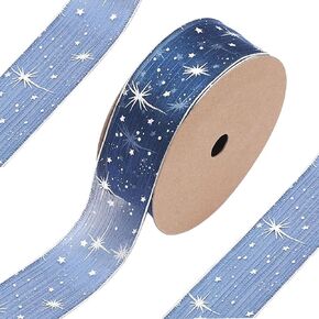 40 Yards Blue Wrapping Ribbon Sheer Transparent Ribbons Silver Star Organza Stamping Chiffon Silk Print Ribbon Trim for Sewing Making Craft Gift Wrapping DIY Christmas Dress Decor Supplies