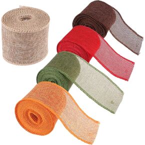 5 Rolls Burlap Ribbon, BetterJonny Total 27.5 Yards Natural Burlap Wired Ribbon Farbic Ribbon Roll for DIY Craft(2.4" Wide)
