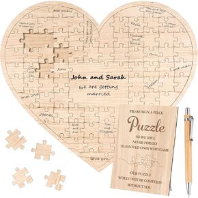 Wooden Jigsaw Puzzle Wedding Guest Book Alternative Guest Book with Sign and Pen Wooden Heart Shaped Wedding Guest Book Personalized Bridal Shower Guest Book for Engagement Anniversary Party,77 Pieces