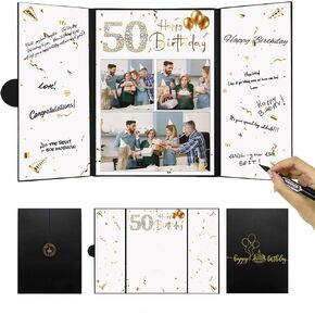 DARUNAXY Black Gold 50th Birthday Party Decorations, Happy 50th Birthday Alternative Signature Guest Book for Men Women 50 Years Old Table Sign Picture Frame Gift 50 Birthday Card Board Party Supplies