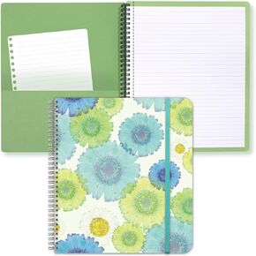 Pretty Journal Large College Ruled Spiral Notebook with Pockets, Elastic Band, Durable Hardcover, 3-color Paper and 160 Lined Pages, 11" x 9.5" (Green Floral)