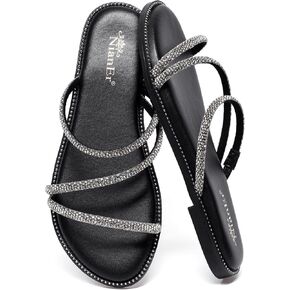 NianEr Womens Microfiber Leather Comfort Foam Rhinestone Glitter Sparkly Dress Flip Flop Sandals Summer Cute Flat Slides