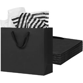 OUTUXED 15pcs Black Gift Bags with Tissue & Ribbon Handles Party Favor Bags, 12.5x4.5x11Inch Large - For Party, Birthday, Retail & Business Use