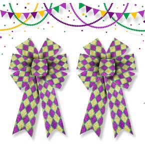 Hying 2 Pieces Mardi Gras Bows for Wreath, Fat Tuesday Wreath Bows Glitter Green Purple Gold Bows New Orleans Holiday Craft Bows for Front Door Carnival Masquerade Cosplay Party Decor Supplies