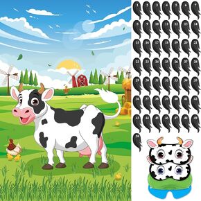 Hxezoc Pin The Tail on The Cow Game With 50 Pcs Tails, Large Cow Party Games Poster for Kids Farm Themed Birthday Party, Carnival Party Supplies