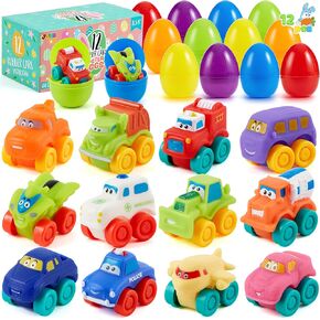 joyin 12 pcs بيض عيد الفصح مملوءة بالملعب والبيض البلاستيكي مع سيارات مطاطية وأشجار سلة وفضلات للحفلات للأطفال الصغار والأطفال ولعبة عيد الفصح ولوازم جائزة الفصل الدراسي