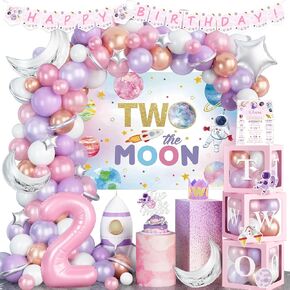 Two The Moon Birthday Decorations Girl, 136 PCs Outer Space 2nd Party Decorations Backdrop Balloon Garland Arch Banner Cake Topper Box Cutout Crown Poster Astronaut Spaceman Rocket Pink