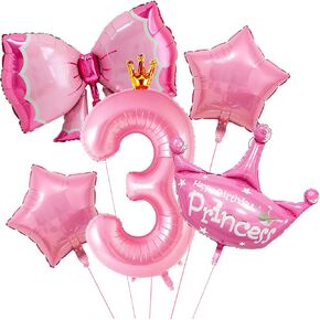 Princess Balloons for Girls' 3rd Birthday - Pink Number 3 Balloon for Princess Party Decor