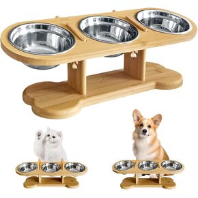Elevated Dog Bowls for Small Dogs, 15° Tilted Raised Dog Bowl with Stand, Height Adjustable Cat Food Bowl with 3 Stainless Steel Bowls, Bamboo Pet Feeding Station for Cats and Small Dogs