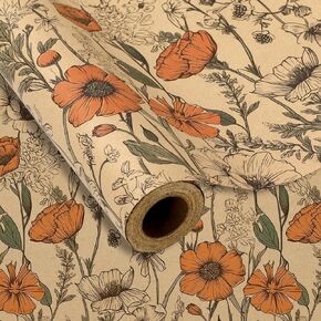 FYSUIMU Floral Kraft Wrapping Paper -Mini Roll- 17 In x 32.8 Ft Vintage Wildflower Gift Wrap Paper for Spring Wedding Bridal Shower Birthday Party Wrapping Supplies