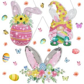 Menkxi 3 Set Easter Diamond Painting Art Hanging Sign 5d Easter Bunny Wreath Gnomes Diamond Kits DIY Crystal Paint Arts and Crafts Set Window Door Pendants for Garden