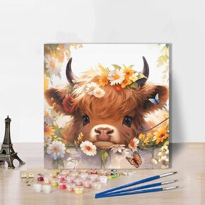 croshom Cow Paint by Numbers Kit - Highland Cow Paint-by-Number Kits for Adults, DIY Animal for Beginners Oil Painting for Gift Home Wall Decor 16X 16 Inch