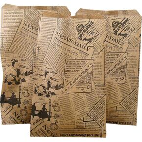 50 Qty 6" x 9" Newspaper Print Flat Plain Paper Gift Bags or Patterned Decorative Bags for candy, cookies, merchandise, pens, Party favors, showers, holidays, events and gifts