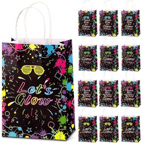 Nezyo 24 Pack Neon Bags Themed Let's Glow in Dark Party Favor Thank You for Glowing with Me Goodie Bags with Handle for Retro 80s 90s Birthday Halloween Party Decoration Supplies