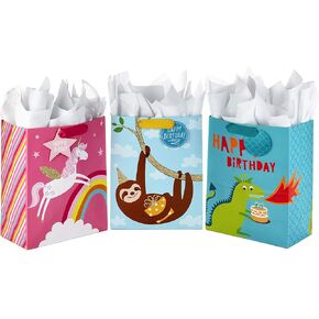 Hallmark Assorted Birthday Gift Bags for Kids (8 Bags: 4 Medium 9", 4 Large 13") Rainbow, Stripes, Polka Dots, Yellow, Pink, Blue
