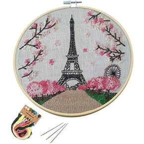Arte Vita Embroidery Starter Kit Pink Pattern Full Range DIY Beginner Hand Stitch Set Including Stamped Cloth, Bamboo Hoop, Color Threads, Needles, Nature Cherry Blosson Tree