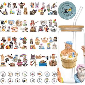 Cat UV DTF Cup Wrap - 10 Sheets Funny Animal Cat UV DTF Cup Wraps for 16 oz Glass Cups, Fun Kitty UV DTF Transfer Stickers, Cute Uvdtf Cup Wraps Waterproof Water Bottle Decals Crafts Gifts