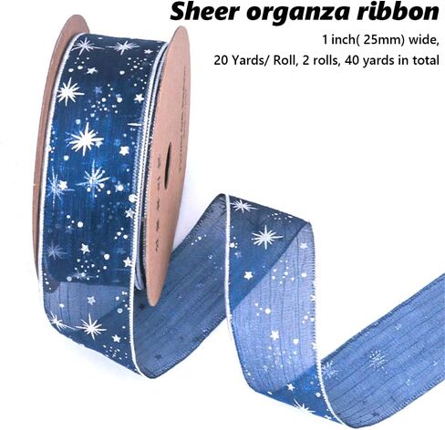 40 Yards Blue Wrapping Ribbon Sheer Transparent Ribbons Silver Star Organza Stamping Chiffon Silk Print Ribbon Trim for Sewing Making Craft Gift Wrapping DIY Christmas Dress Decor Supplies in Kuwait