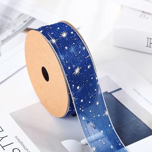 40 Yards Blue Wrapping Ribbon Sheer Transparent Ribbons Silver Star Organza Stamping Chiffon Silk Print Ribbon Trim for Sewing Making Craft Gift Wrapping DIY Christmas Dress Decor Supplies in Kuwait