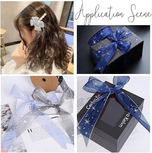 40 Yards Blue Wrapping Ribbon Sheer Transparent Ribbons Silver Star Organza Stamping Chiffon Silk Print Ribbon Trim for Sewing Making Craft Gift Wrapping DIY Christmas Dress Decor Supplies in Kuwait