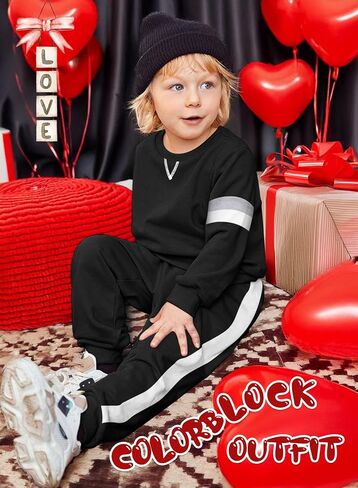 BOMDEALS Toddler Boys Clothes Colorblock Long Sleeve Casual Sweatshirt Contrast Sideseam Sweatpants Outfits 2Pcs Tracksuits in Kuwait